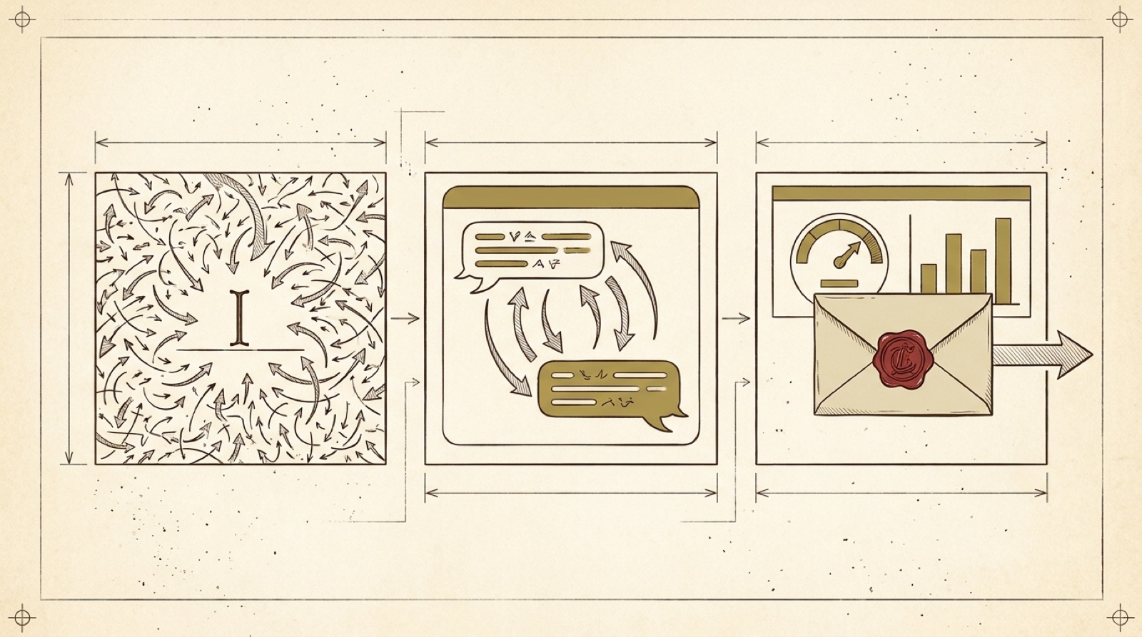 Three ink-drawn panels on drafting paper. Left: a text cursor swarmed by dozens of tiny arrows. Middle: a chat window with two speech bubbles and a handful of arrows between them. Right: a wax-sealed envelope in front of a dashboard, with a single arrow leaving it.