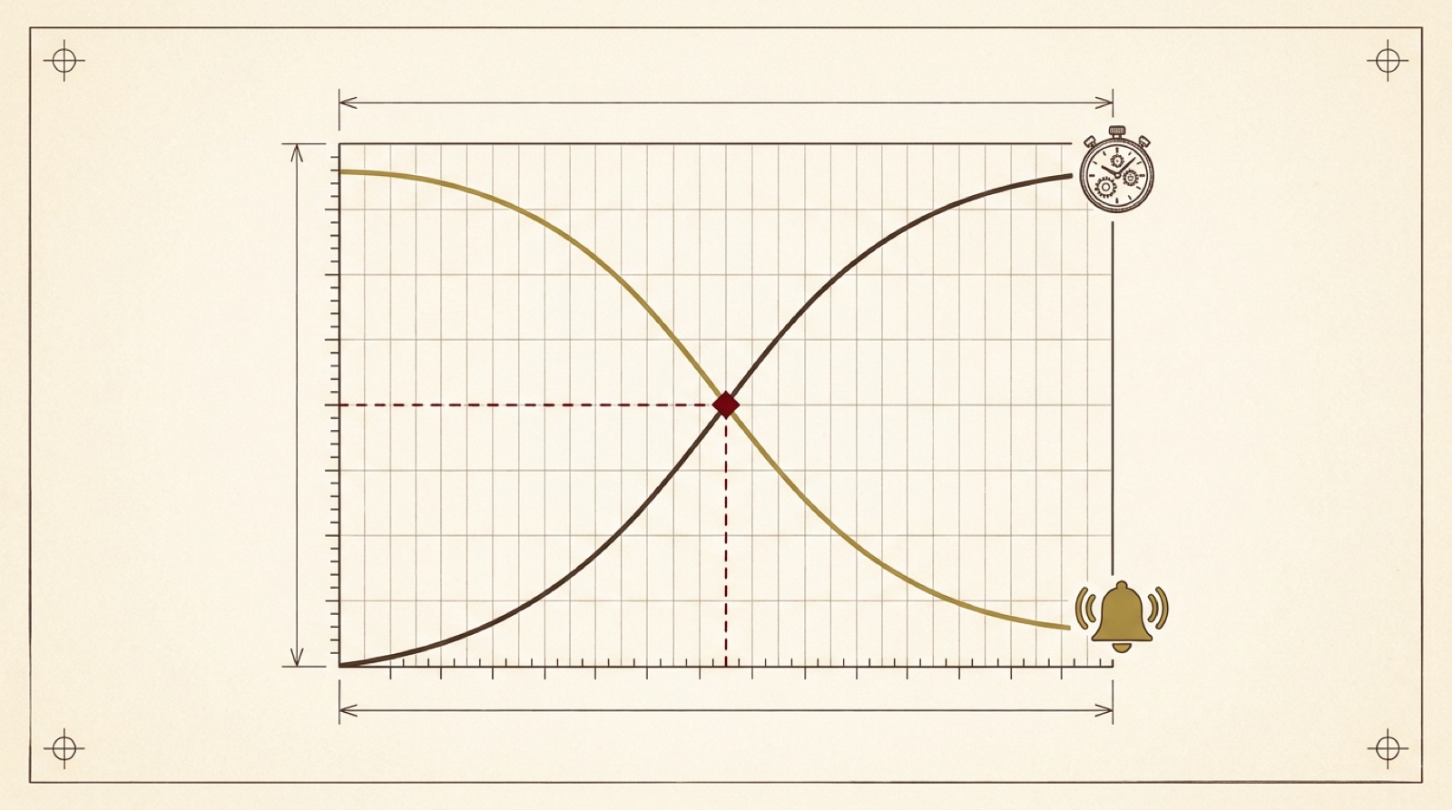A technical chart on graph-ruled parchment: one curve rises toward a stopwatch, another falls toward a notification bell, and the two cross at a marked red point.