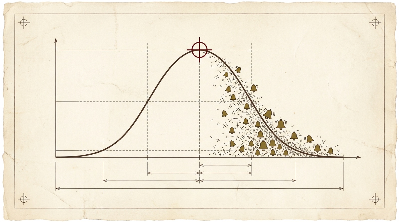 An inverted-U curve plotted on aged parchment. Its peak is marked with a red crosshair well left of the right-hand edge; the descending right tail is buried under a dense crowd of alarm bells.