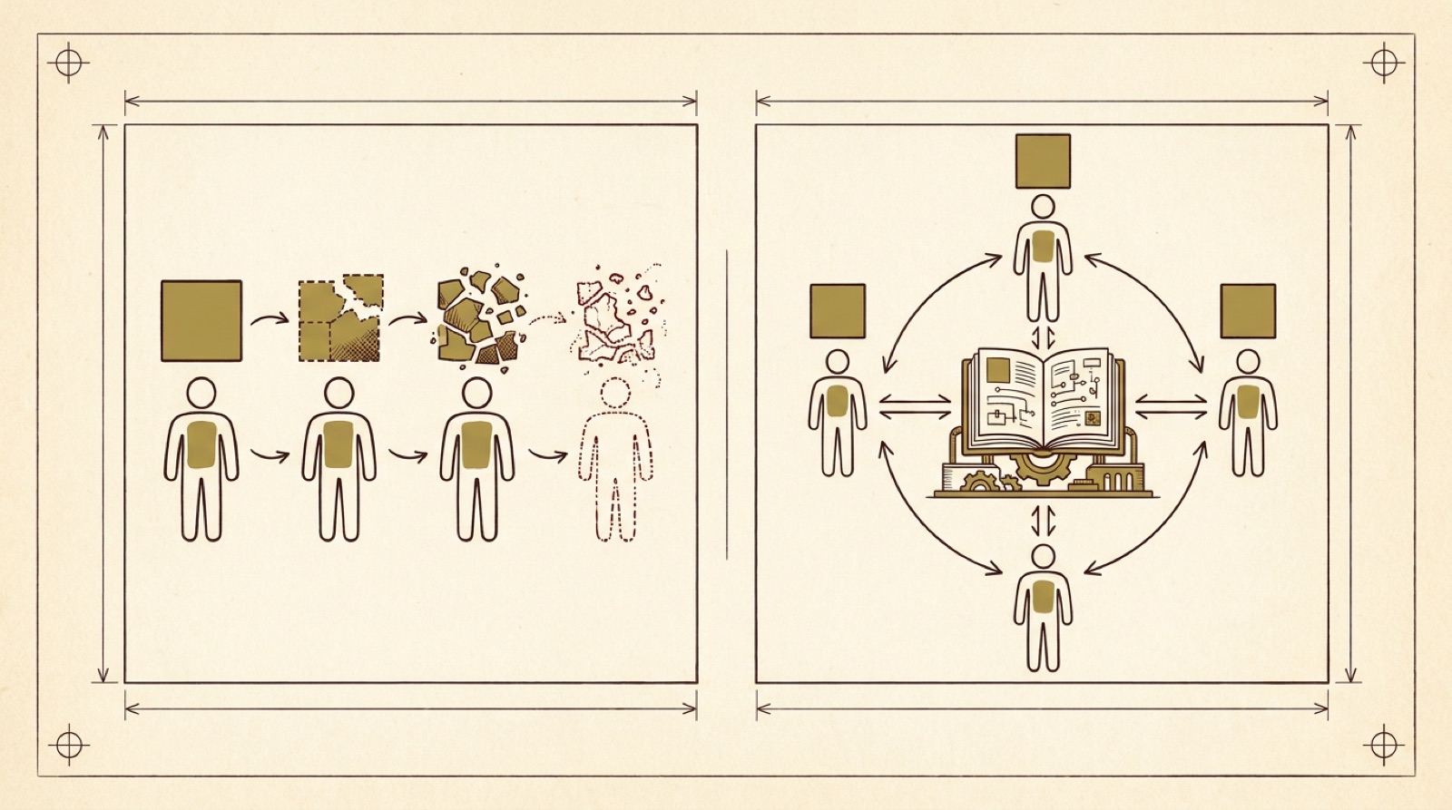 Two ink panels on parchment. Left: four figures in a chain, the solid square above the first crumbling into fragments by the fourth. Right: the same four figures arranged around a central open ledger, each holding an identical intact square.