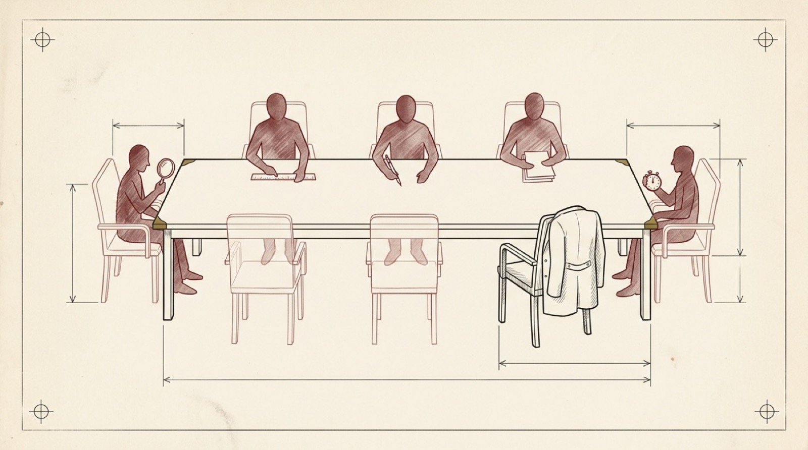 A meeting table drawn in ink: one real chair, and a room full of outlined figures holding tools.