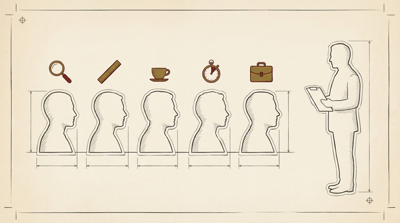 Five paper-cutout silhouettes in a row, each with a distinct emblem above it, facing a sixth figure holding a clipboard.