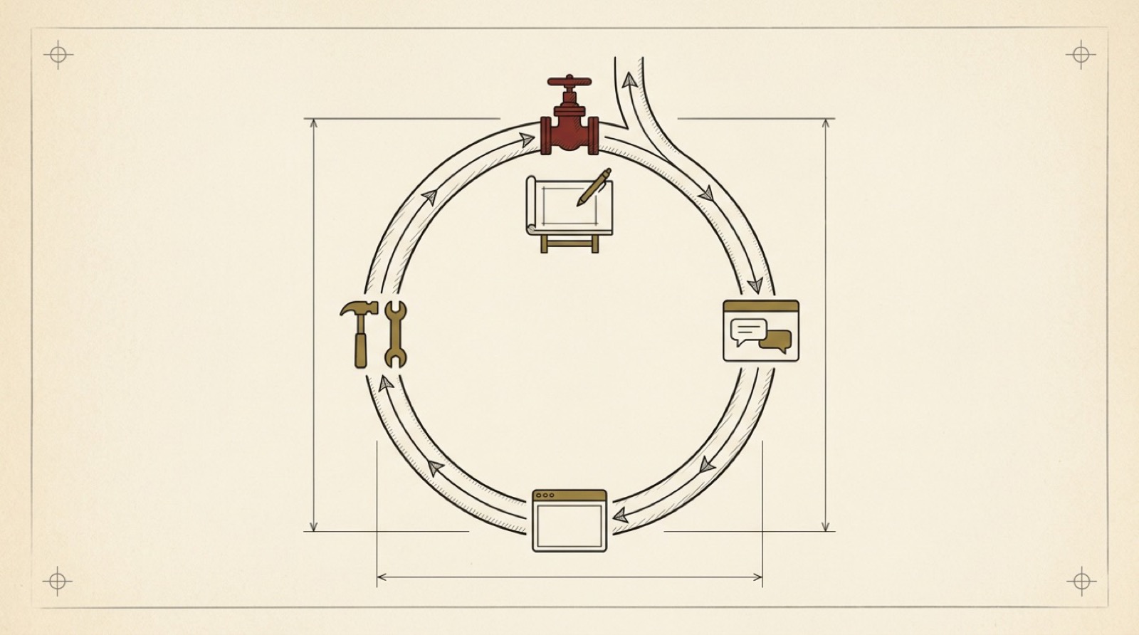 A circular technical diagram: a ring of arrows passing through a drafting board, a speech-bubble panel, a browser window, and tools, with a red gate at the top.