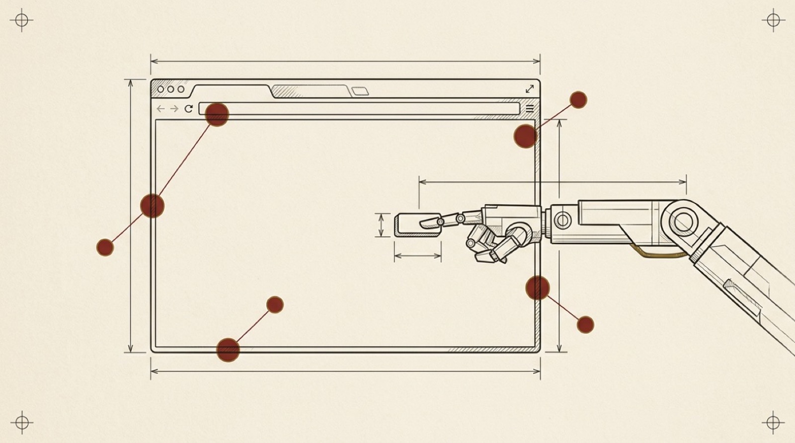A browser window drawn in ink; a mechanical arm reaches in and presses a button; three red circles mark broken spots on the page.