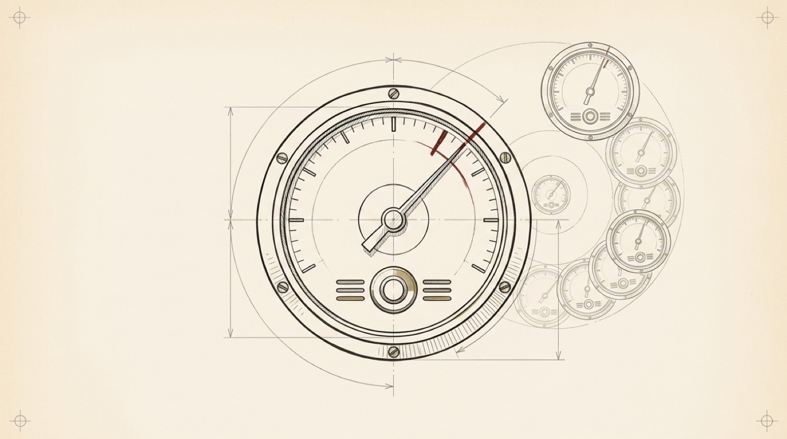 A precise technical gauge, its needle swinging toward a red target notch, with a faint spiral of smaller gauges behind it.